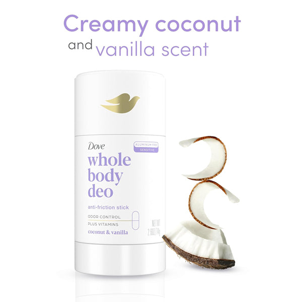 Dove 3 Pack Whole Body Deo Aluminum Free Coconut + Vanilla 2.6oz, shown with coconut pieces. Text above: Creamy coconut and vanilla scent.