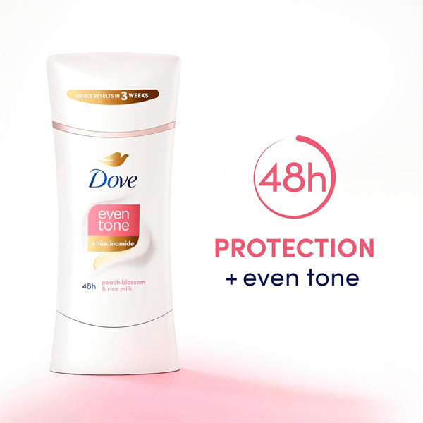 The Dove 3 Pack Even Tone Deodorant in Peach Blossom & Rice Milk (2.6oz) offers 48-hour protection and features a unique tone-restoring formula for even skin tone.