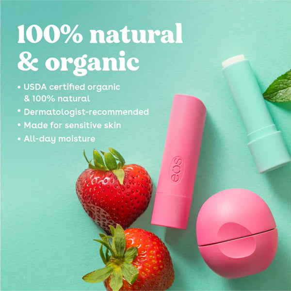 Eos 3 Pack 100% Natural & Organic Vanilla Bean Lip Balm Sticks (2 per pack) offer all-day moisture. Dermatologist-recommended, USDA Certified Organic, and perfect for sensitive skin. Pink and teal packaging with strawberries shown.