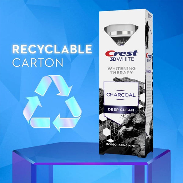 The 3 Pack - Crest 3D White Whitening Charcoal Deep Clean Invigorating Mint toothpaste has a recyclable carton, features fluoride and charcoal for a brighter smile, and comes in a 3.5oz box with recycle symbol on blue background.