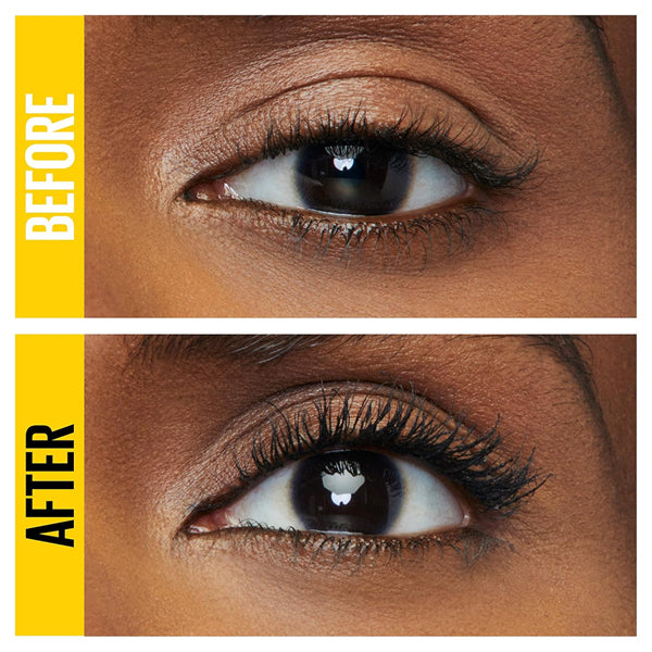 Close-up of the same eye: top image labeled Before with natural lashes, bottom labeled After showing longer, fuller lashes using Maybelline Volum Express Colossal Curl Bounce Mascara Blackest Black (3 Pack).