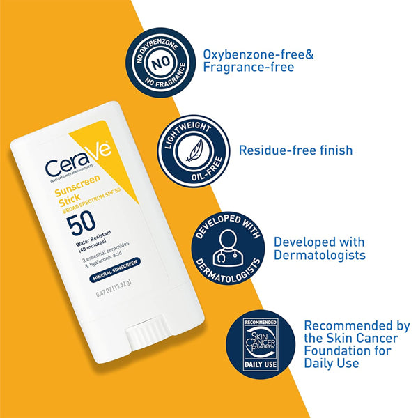 CeraVe 3 Pack Mineral Sunscreen Stick SPF 50 offers broad spectrum UV protection in a lightweight, oil-free, oxybenzone- and fragrance-free formula. Dermatologist-developed and Skin Cancer Foundation recommended. Each pack contains 0.47oz sticks.