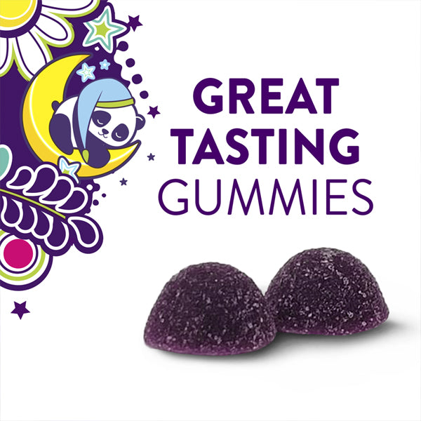 Two purple Vicks PURE Zzz’s Kidz Calming Sleep Gummies (2 Pack, 42 Count Each) sit in front of Great Tasting Gummies text, with a cartoon panda on a crescent moon—a drug-free kids sleep aid from Vicks.