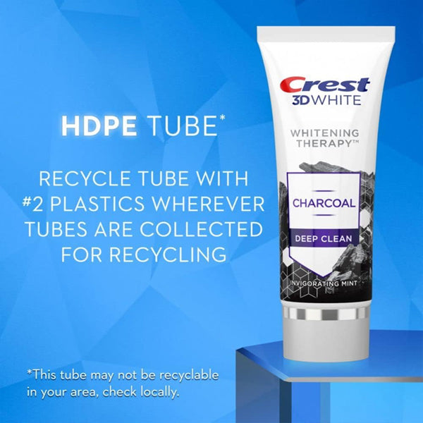 A 3 Pack of Crest 3D White Whitening Charcoal Deep Clean Invigorating Mint 3.5oz tubes stands on a blue background, highlighting whitening benefits and HDPE #2 recycling instructions for the plastic packaging.