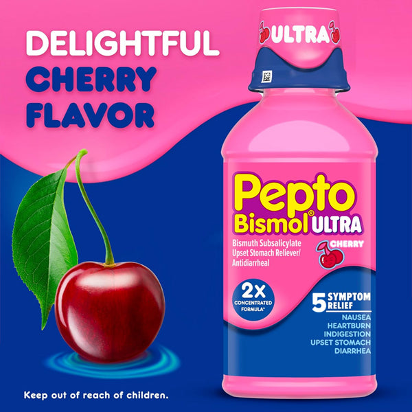 3 Pack - Pepto Bismol Liquid Ultra 5 Symptom Fast Relief Cherry Flavor 12oz