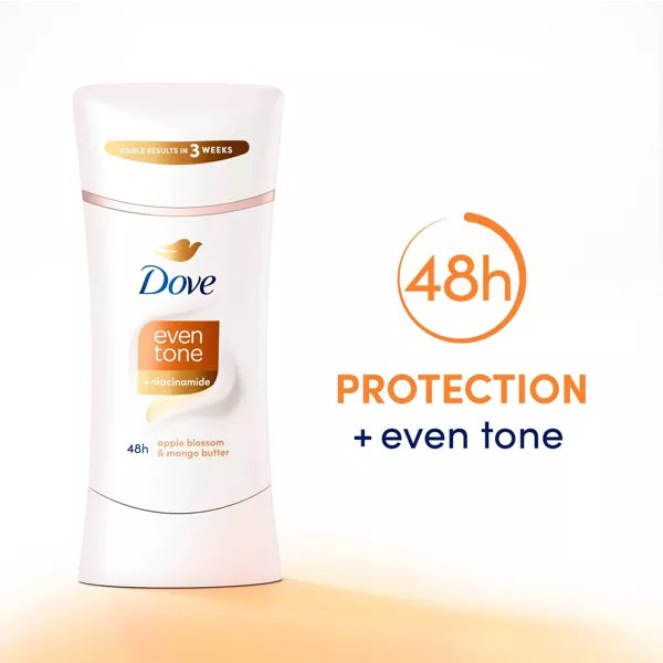 A 3 Pack of Dove Beauty Even Tone 48-Hour Deodorant (Apple Blossom & Mango, 2.6oz) is shown next to text highlighting 48-hour protection, even tone benefits, and underarm skin restoration.