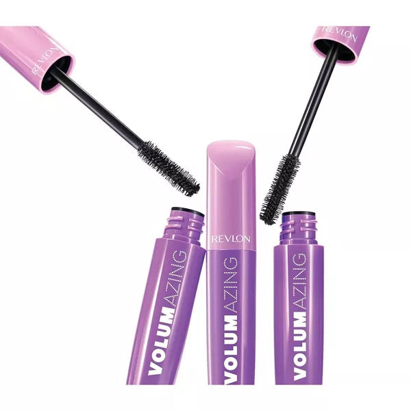Three opened tubes of Revlon Volumazing Mascara 901 Blackest Black, from a 3 Pack by Revlon, with black applicator wands upright on a white background, offer clump-free, fanned-out lashes.