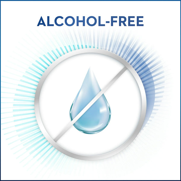 A water droplet icon with a diagonal line and ALCOHOL-FREE above—ideal for Crest 4 Pack Gum Care Mouthwash Cool Wintergreen with CPC 16.9oz, supporting gum care and protection from plaque germs.