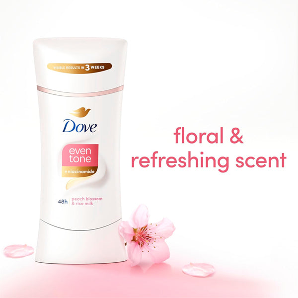 A 3 Pack of Dove Even Tone Deodorant Peach Blossom & Rice Milk 2.6oz is pictured beside pink peach blossoms, with “floral & refreshing scent” on a light pink background, highlighting its gentle formula that restores even skin tone.