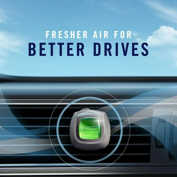 A Febreze 3 Pack Auto Car Air Freshener Vent Clip Sandalwood Scent from Febreze is attached to a dashboard vent, with Fresher Air for Better Drives above against a blue sky, showcasing the odor-blocking power of this air freshener.