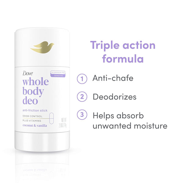 A 3 Pack of Dove Whole Body Deo Aluminum Free Coconut + Vanilla (2.6oz) is shown, with text highlighting its anti-chafe, deodorizing, and moisture-absorbing benefits.