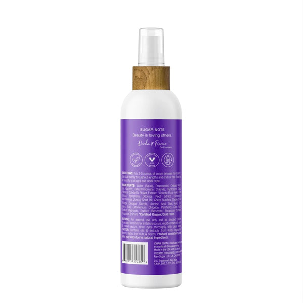 A white spray bottle with a wooden cap and purple label, featuring product info and ingredients like Vegan Keratin and Hibiscus Extract, contains Raw Sugar Simply Straight Keratin Straightening Serum 4oz (3 pack) by Raw Sugar.