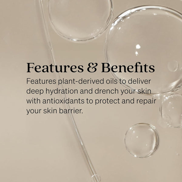 Clear liquid bubbles and a glass dropper on beige with text highlighting Loved 01 Face + Body Oil’s deep hydration for face and body from plant-derived oils, featuring rosehip and sea buckthorn. 3 Pack, 3.4oz each.