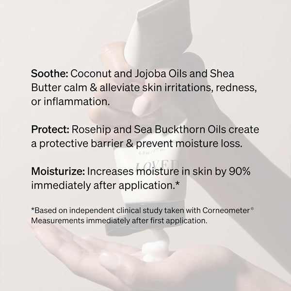 A hand dispenses Loved 01 Face + Body Moisturizer with Rosehip & Sea Buckthorn, highlighting its soothing, protecting, and deeply moisturizing properties as a plant-based hydration solution for face and body. Available in a 3 pack (6oz each).