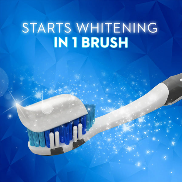 A 3 Pack of Crest 3D White Advanced Deep Clean Whitening Toothpaste is shown with sparkling effects and the text Starts Whitening in 1 Brush on a blue background, highlighting its effective stain removal power.
