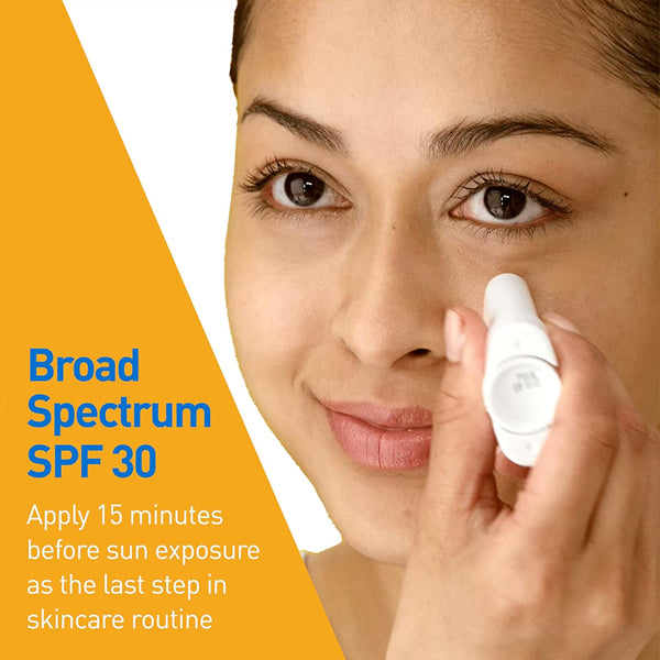 A woman applies CeraVe Mineral Sunscreen Stick SPF 50 under her eye. Text reads: Broad Spectrum SPF 50. Apply 15 minutes before sun exposure as the last step in your skincare routine for UV protection. Comes in a 3 pack (0.47oz each).