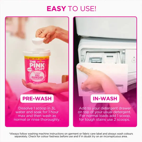 A person uses Star Drops 3 Pack - The Pink Stuff Miracle Laundry Oxi Powder Stain Remover for Colors 2.2lbs, adding it to water for pre-wash and to the detergent drawer for in-wash cleaning, following the provided instructions.
