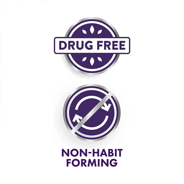 Two circular purple icons highlight Vicks PURE Zzz’s Kidz Calming Sleep Gummies: the top icon reads DRUG FREE, while the bottom icon—with a slash through arrows—says NON-HABIT FORMING. Perfect sleep aid from Vicks for kids.