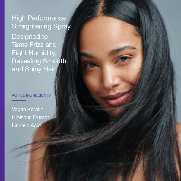 A woman with sleek, straight hair poses by text promoting Raw Sugar’s 3 Pack Simply Straight Keratin Straightening Serum, infused with vegan keratin and hibiscus extract for high-performance results.