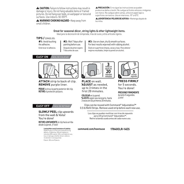 Instruction sheet for 3M 3 Pack - 17840CLR-14ES Adjustables Clips & Strips includes safety warnings, tips, and a five-step illustrated guide for properly attaching, adjusting, and removing these repositionable clips for damage-free hanging.