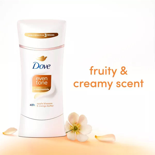 A 3 Pack of Dove Beauty Even Tone 48-Hour Deodorant in Apple Blossom & Mango (2.6oz), shown with flower petals on a white background. Text reads: Fruity & creamy scent for underarm skin restoration.