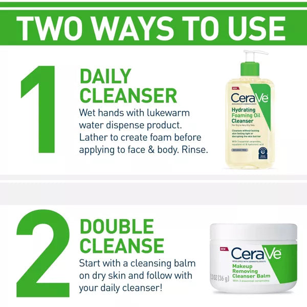 Instructional graphic: Use CeraVe Hydrating Foaming Oil Cleanser for Dry Skin (8oz, 3 Pack) daily for gentle cleansing, or double cleanse—begin with a makeup remover balm, then use the cleanser for added hydration.