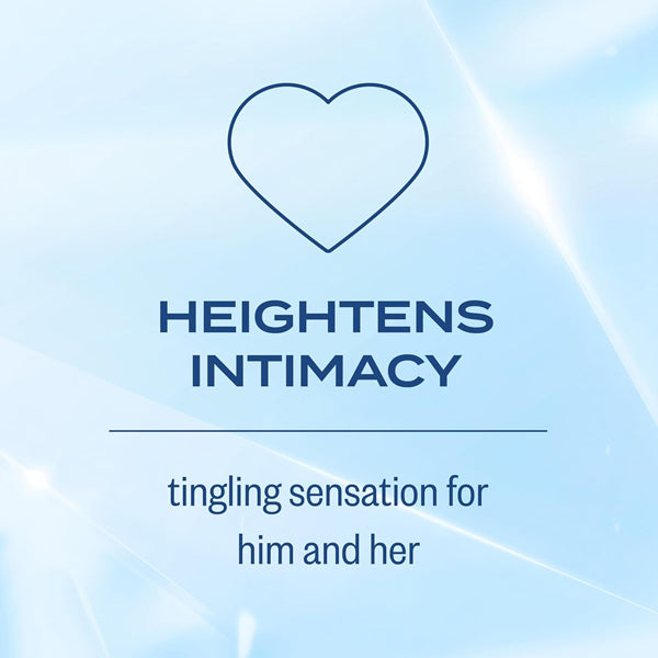 A heart icon above Heightens Intimacy and tingling sensation for him & her, featuring K-Y Tingling Water Based Lube Sensorial Personal Lubricant 1.69oz, 3 Pack, on a light blue background.