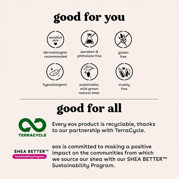 Infographic highlights eos 3 Pack 100% Natural & Organic Lip Balm Sticks—USDA Certified Organic, hypoallergenic, dermatologist-recommended, cruelty-free, recyclable, paraben & phthalate-free, gluten- and sustainable shea-based. All-day Vanilla Bean moisture!.