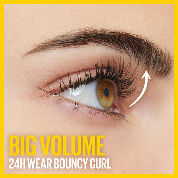 Close-up of an eye with curled, voluminous lashes and text BIG VOLUME 24H WEAR BOUNCY CURL, showcasing Maybelline Volum Express Colossal Curl Bounce Mascara Blackest Black (3 Pack) for long-lasting volume.