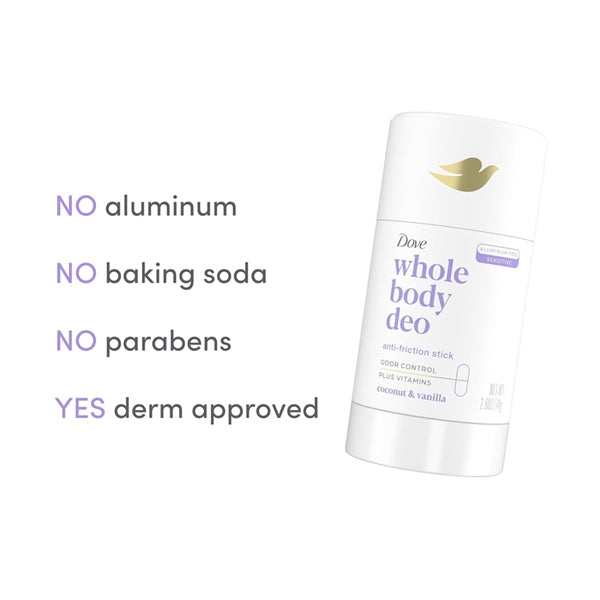 Dove 3 Pack Whole Body Deo Aluminum Free Coconut + Vanilla 2.6oz features a coconut and vanilla scent with no aluminum, baking soda, or parabens—dermatologist approved.