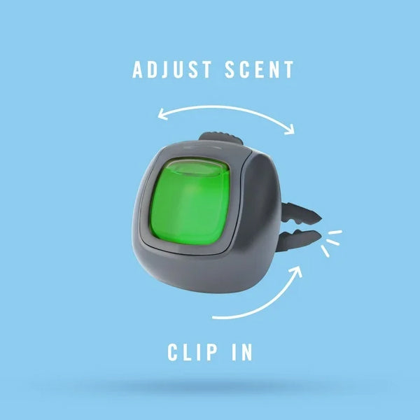 A Febreze Auto Car Air Freshener Air Vent Clip (Sandalwood Scent, 2 Pack) is shown with arrows demonstrating how to adjust the scent and clip it in. Text on a blue background reads: Adjust Scent and Clip In. Brand: Febreze.