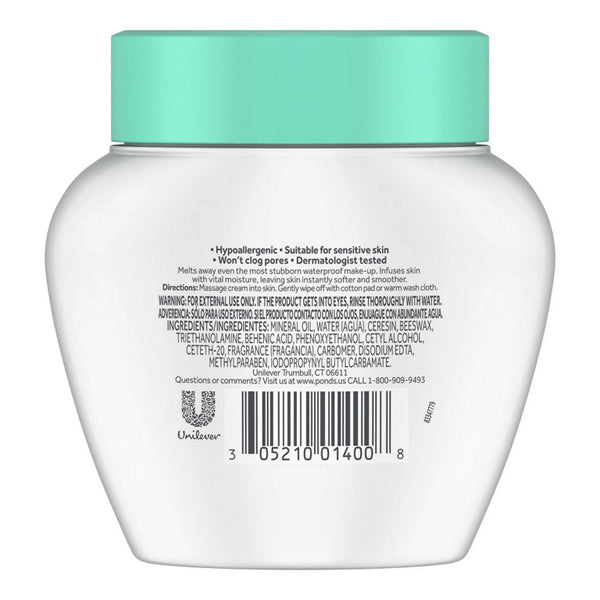 Back view of a 6.1 oz PONDS Cold Cream Cleanser & Make-Up Remover jar (3 Pack) showing product info, ingredients, barcode, and manufacturer details—perfect for makeup removal or as a facial moisturizer.