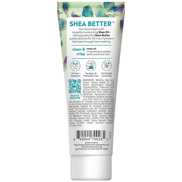 Back of a 2 Pack - EOS Eucalyptus Natural Shea Butter Hand Lotion 2.5oz tube displays product info, 24-hour hydration promise, ingredients, directions, barcode, and eco-friendly icons on a white background with leaf pattern at the top.