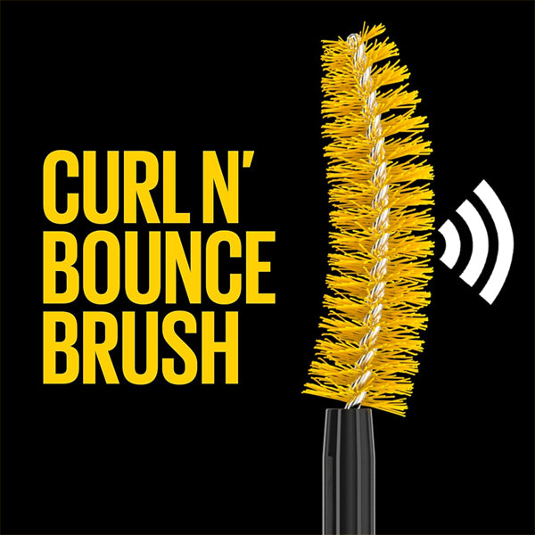 A yellow curved mascara brush with dense bristles is shown beside bold text “Curl N Bounce Brush” on black, showcasing Maybelline’s 3 Pack Volum Express Colossal Curl Bounce Mascara Blackest Black for long-lasting, bouncy curls.