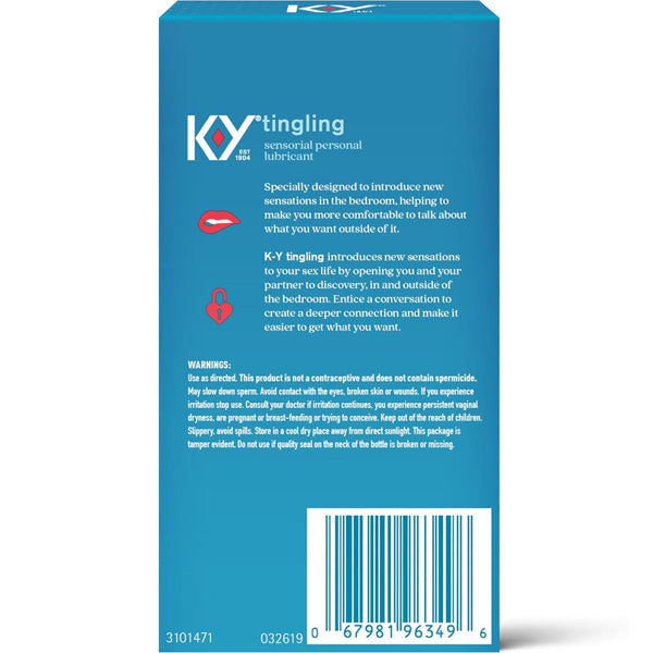 Back of a 3 Pack - K-Y Tingling Water Based Lube Sensorial Personal Lubricant 1.69oz box shows product details, warnings, barcode, and K-Y branding on blue. This lube delivers a gentle tingling sensation for enhanced intimacy.