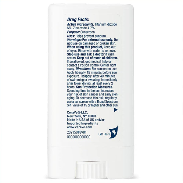Back of a 3 Pack - CeraVe Mineral Sunscreen Stick SPF 50 Broad Spectrum 0.47oz shows drug facts, mineral active ingredients, usage directions, warnings, manufacturer info, and a barcode on this CeraVe sunscreen stick.