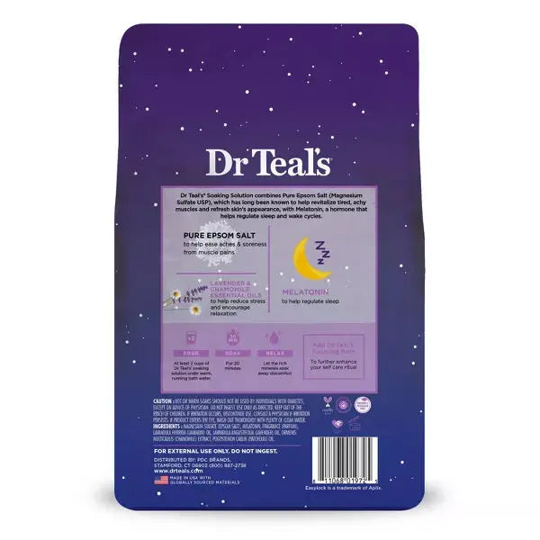 Back of a Dr. Teals package displaying details and directions for the 3 Pack - Dr Teals Epsom Salt Magnesium Sleep Soak 3lb Each, set against a soothing purple starry background.
