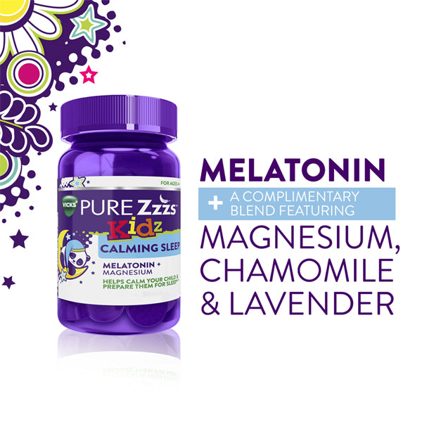 The image shows a 2 Pack of Vicks PURE Zzz’s Kidz Calming Sleep Gummies (42 count each), featuring a drug-free formula with melatonin, magnesium, chamomile, and lavender for gentle sleep support for kids.
