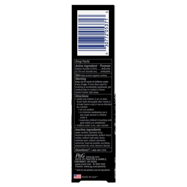 Back of a Crest 3D White Whitening Charcoal Deep Clean Invigorating Mint 3.5oz (3 Pack) box shows barcode, drug facts, whitening therapy fluoride formula, ingredient lists, directions, warnings, Crest info, and Made in USA label.