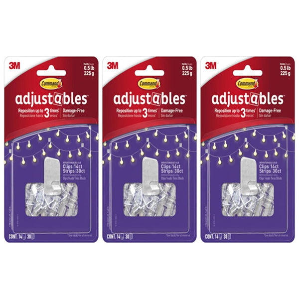 The 3M 3 Pack - 17840CLR-14ES includes three sets of repositionable Adjustables Clips & Strips, each pack offering 14 clips and 30 strips for flexible, damage-free hanging.