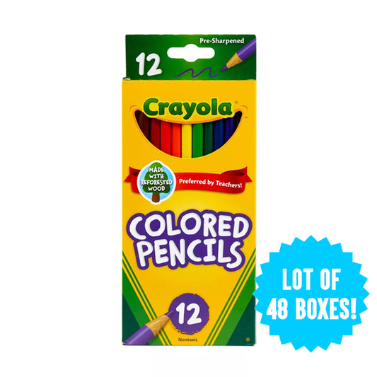 Crayola 48 Pack Bright Bold Colored Pencils, 12 assorted colors per box—ideal for art supplies—with a blue Lot of 48 boxes! label on the right.