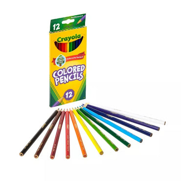 A box of Crayola Bright Bold Colored Pencils is displayed, with 12 assorted vibrant colors arranged in front of the open 48 Pack box—an essential set for any art project.