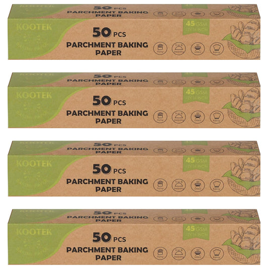 Four boxes of Kootek 4 Pack – Parchment Paper Baking Sheets, 12 x 16 inch, 50 sheets each—essential kitchen accessories with green-accented packaging and baking icons.