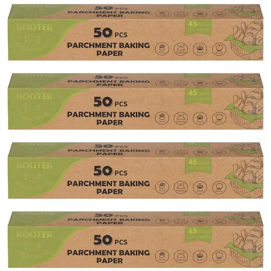 Four boxes of Kootek 4 Pack – Parchment Paper Baking Sheets, 12 x 16 inch, 50 sheets each—essential kitchen accessories with green-accented packaging and baking icons.