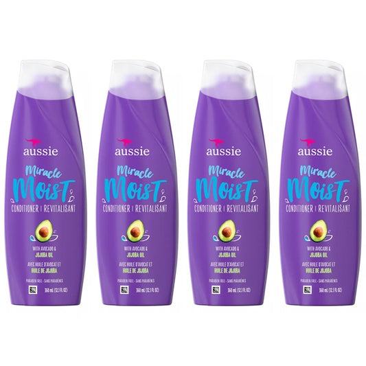 The 4 Pack - Aussie Miracle Moist Conditioner with Avocado & Jojoba Oil 12.1oz features four purple bottles by Aussie, each providing intense hydration for dry hair with avocado and Australian jojoba oil. Signature branding is on the front.