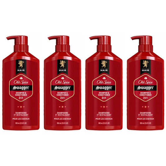 Four red bottles of Old Spice Swagger 2-in-1 Mens Shampoo and Conditioner, 21.9oz each, are arranged side by side against a white background. This is the 4 Pack from Old Spice.