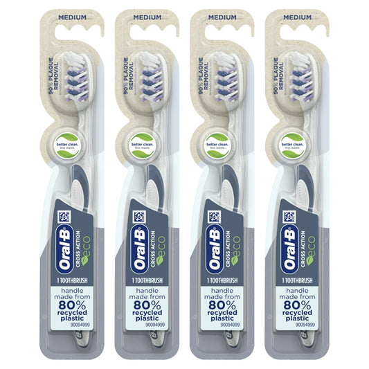 Get a 4 Pack of Oral-B CrossAction Eco Manual Toothbrushes with medium bristles, made from 80% recycled plastic and packaged sustainably. Choose this dentist-recommended Oral B product for effective daily oral care.