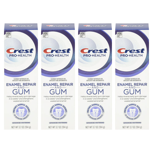 Four 3.7 oz tubes of Crest Pro-Health Gum and Enamel Repair Advanced Whitening Toothpaste, 4 pack, arranged side by side. Protects enamel and helps prevent gingivitis for healthier teeth and gums.