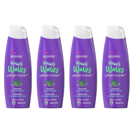 Aussie Miracle Waves Anti-Frizz Hemp Conditioner 2 Pack (12.1 oz each), with paraben-free formula, is shown with purple labels and white caps—ideal for enhancing wavy texture and taming frizz.