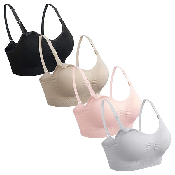 The GXXGE 4 Pack Medium Push Up Seamless Nursing Bras for Breastfeeding and Maternity come in black, beige, pink, and white, each with adjustable straps, ruched center, and padded cups for all-day comfort.